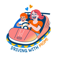 A flat sticker of a child driving car with his mom 
