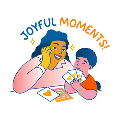 A flat sticker of mom and child playing cards together with joyful moments typography 

