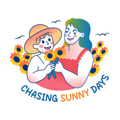 A flat sticker of mother and child picking sunflowers together 


