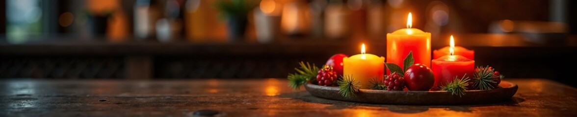 Festive candle arrangement on a wooden pub table, , candles