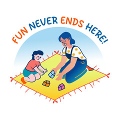 A flat sticker of mother and child doing fun activity together

