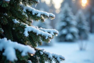 Snowy spruce tree trunk with snowflakes and frost, frosty landscape, forest scene, evergreen Christmas
