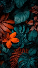 Lush Tropical Foliage Vibrant Green and Orange Leaves Exotic Plant Background
