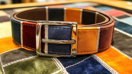 A designer men's belt with a branded buckle on a luxurious velvet fabric