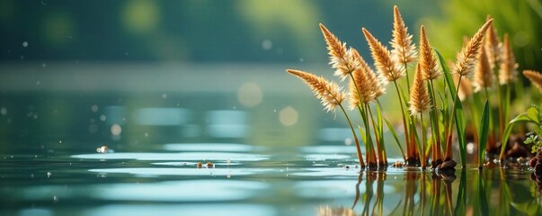 Reed stems with delicate feathery plumes emerging from the water's surface, lake, water plants, biota