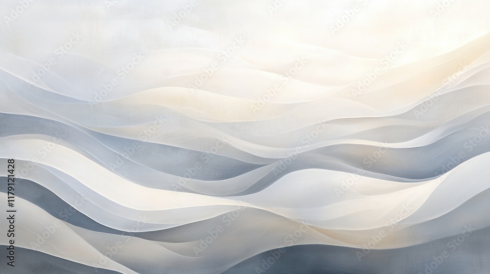 Poster a serene abstract artwork with soft wave patterns in shades of gray and beige, perfect for calming d