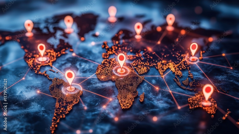 Poster global connectivity with location pins on an abstract world map