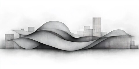A tranquil grayscale study of a modern abstract expressionist cityscape featuring flowing organic shapes and ethereal interlocking lines in a panoramic digital with a Modernist aesthetic