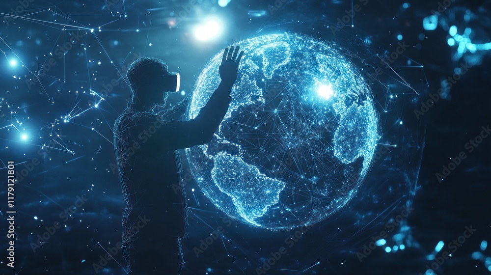 Poster man in vr headset interacts with a digital earth globe, exploring global network connections.