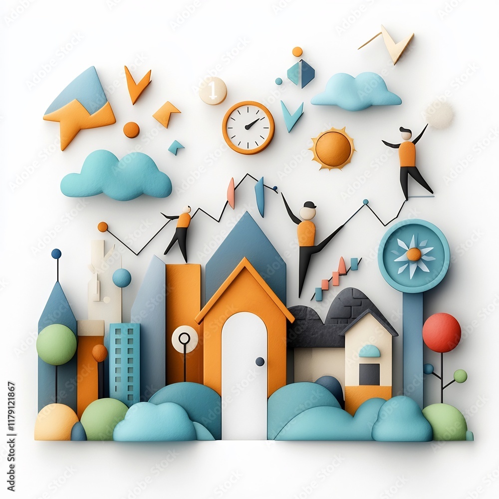 Poster a stylized digital showcasing a prosperous cityscape with a soaring financial graph visualizing key 