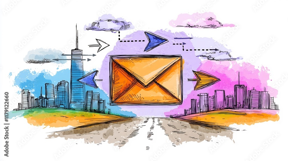 Poster conceptual depicting the concept of worldwide digital communication with an envelope icon and direct