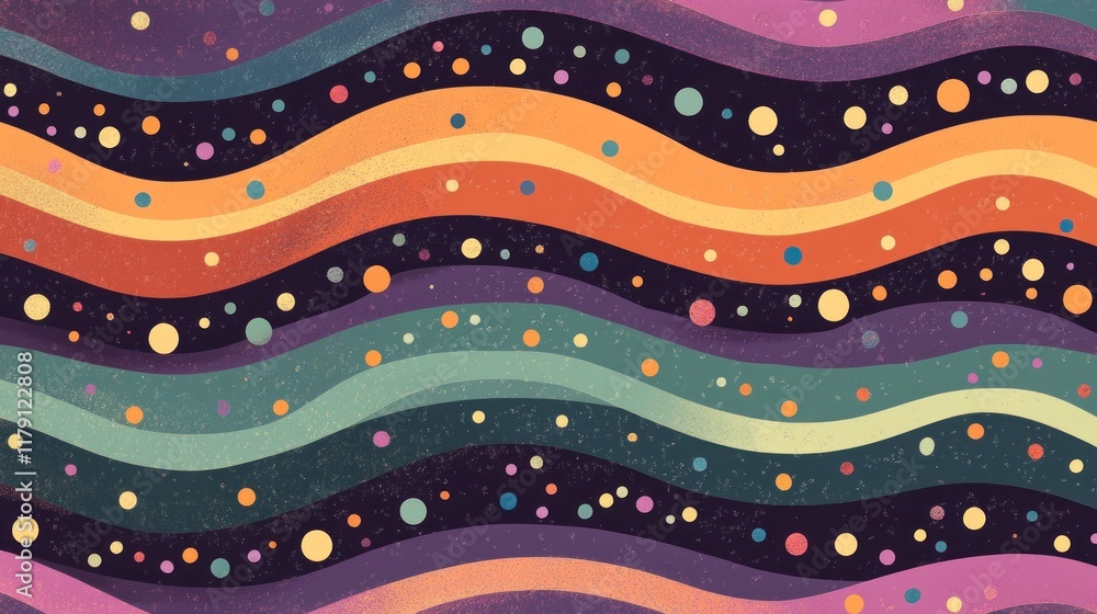 Aufkleber abstract wavy lines pattern with colorful dots on dark background.
