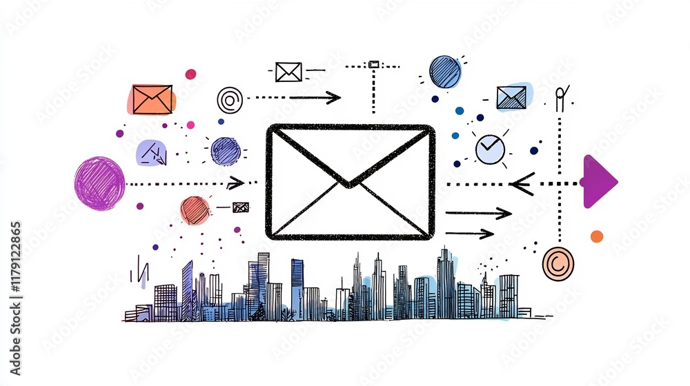 Poster conceptual showcasing the worldwide digital communication landscape featuring an envelope icon and d