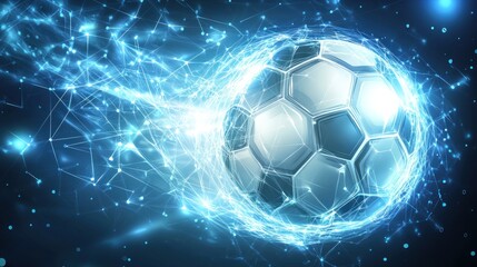 Fototapeta premium Futuristic soccer ball in motion with glowing energy trails.