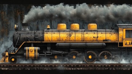 Vintage steam locomotive exiting tunnel, smoky background, industrial setting, travel poster.