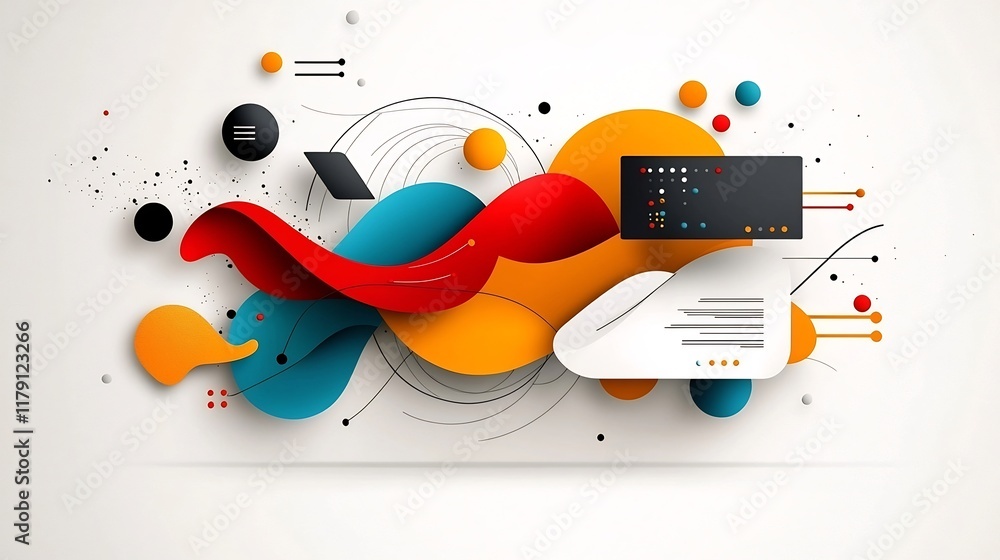 Poster vibrant digital and communication concept with abstract geometric shapes and curves dynamic digital 