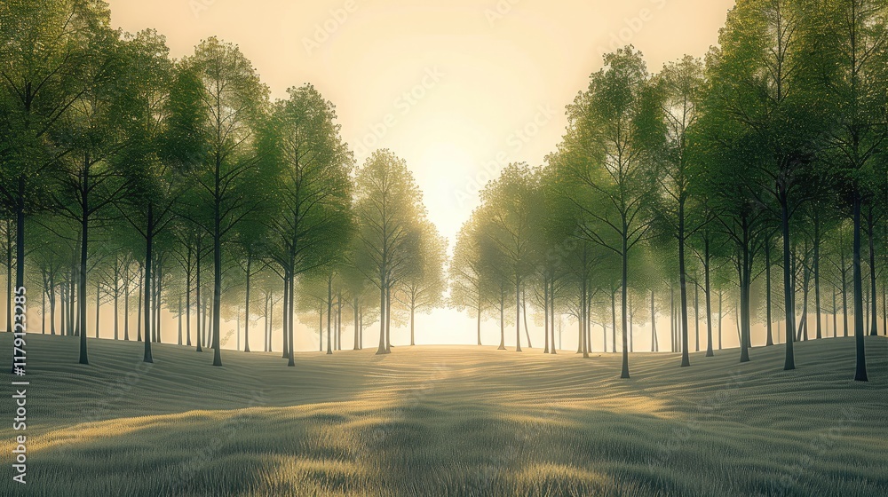 Poster A serene and minimalistic forest landscape featuring evenly spaced trees under soft, diffused sunlight, creating a tranquil atmosphere and a clean horizon line.