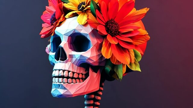 Skull with a flower crown on it. The skull is blue and the flowers are red, yellow, and green. The image has a colorful and artistic feel to it