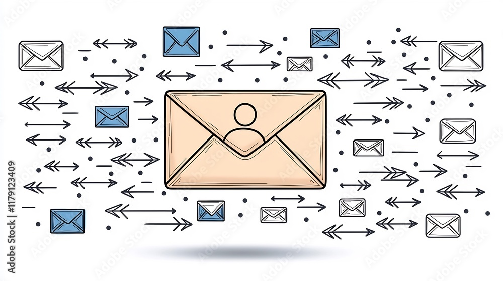 Poster freehand user silhouette mail envelope and flowing arrow graphics representing global communication 