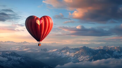 Fototapeta premium Majestic hot air balloon with a heart shaped design soaring over a breathtaking mountain landscape at a picturesque sunset