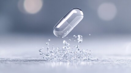 Capsule above water splash, representing purity, clarity, and scientific innovation