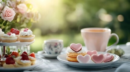 Cozy and Romantic Valentine s Day Tea Party Setting with Heart Shaped Homemade Treats Pastries Flowers and Soft Lighting in a Natural Background