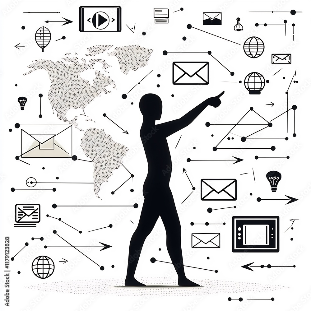 Poster conceptual depicting a minimalist silhouetted human user gesturing with a mail icon amidst dynamic d
