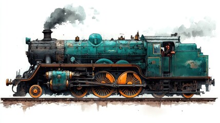 Obraz premium Vintage steam locomotive, side profile, tracks, smoke, watercolor background, transport illustration.