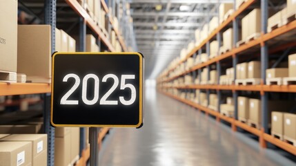Warehouse with Shelves and Sign Displaying Year 2025