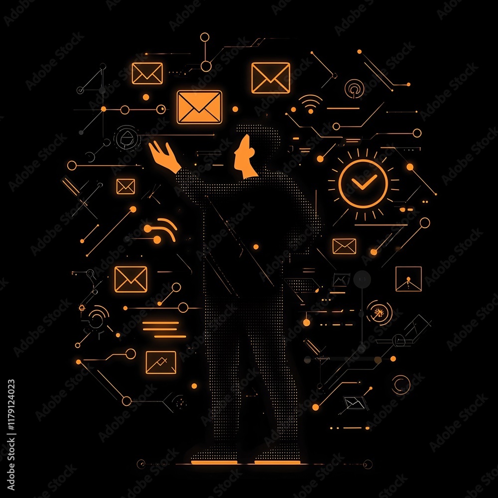 Poster conceptual depicting a minimalist silhouetted human user gesturing with a mail icon amidst dynamic d