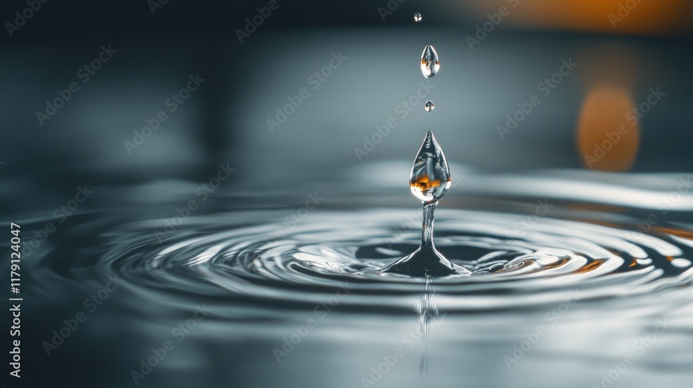 Poster close-up of water drop splashing into ripple, creating concentric circles