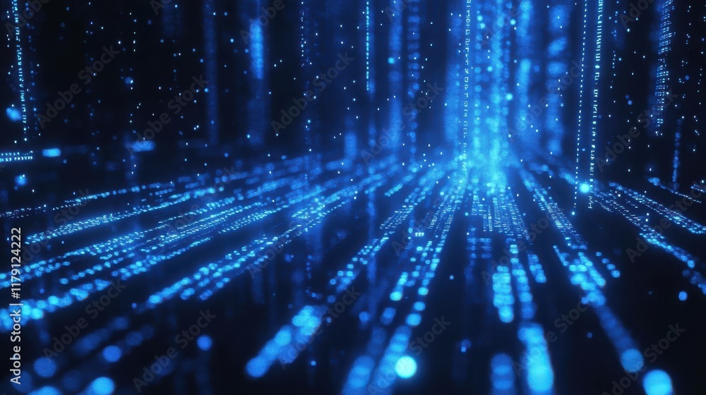 Poster blue digital binary data on computer screen background