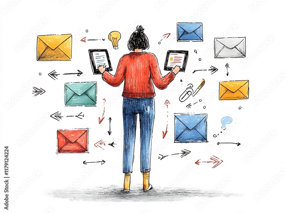 Poster a hand drawn depicting a person engaged with digital devices surrounded by envelope icons and dynami