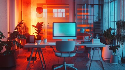 **Paraphrased Text:**

A modern office setting with a computer on a desk and a technological hologram superimposed over it. This double exposure conveys the intersection of technology