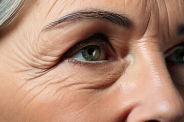 Fototapeta premium Senior woman with wrinkles around her eye, highlighting the effects of aging on skin