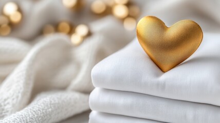 Fototapeta premium Golden heart-shaped object resting on white fabric with blurred background