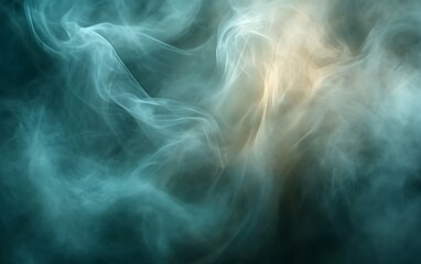 Obraz premium Abstract teal and beige smoke swirls on black background.