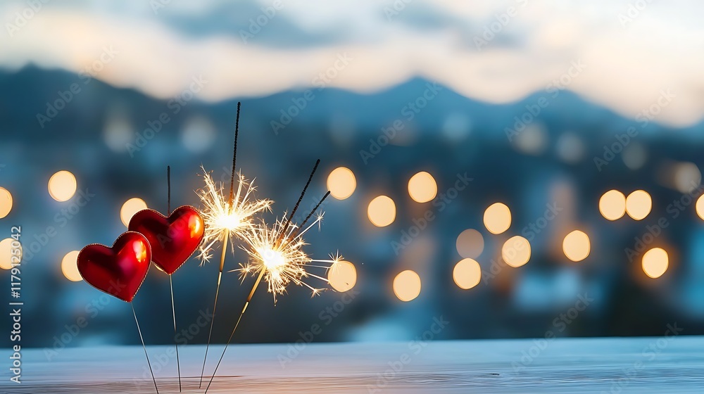 Aufkleber heart shaped sparklers creating a mesmerizing display of light and romance set against a blurred nat