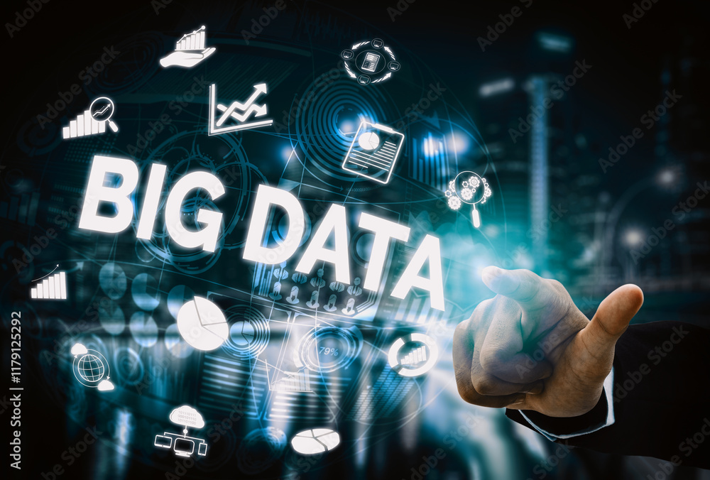 Poster big data technology for business finance analytic concept. modern interface shows massive informatio