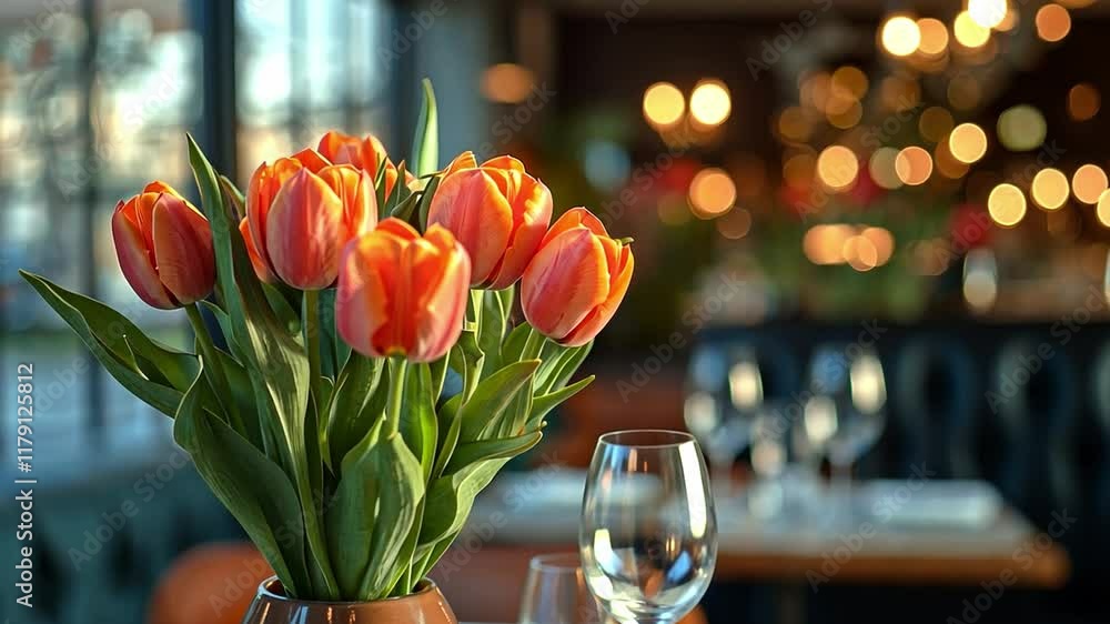 Poster a vibrant bouquet of orange tulips fills a vase placed on a dining table. soft lights create a warm 