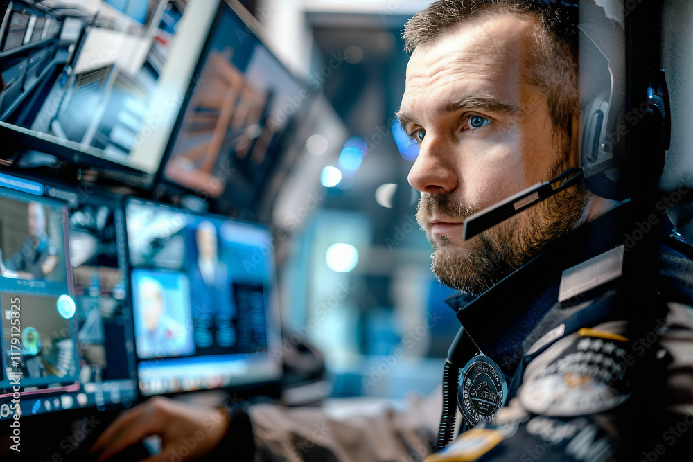 Poster security officer works on computer in police monitoring center with cctv cameras generative ai