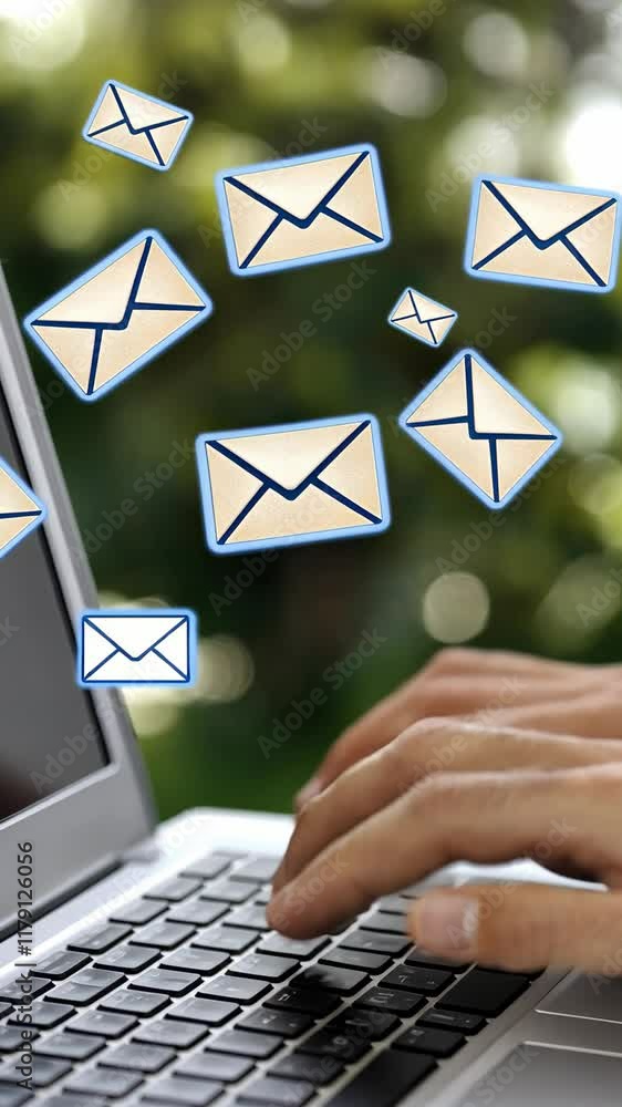 Poster a person types on a laptop keyboard as email icons appear, highlighting the importance of online com