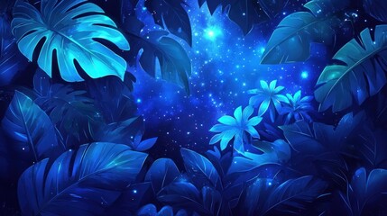 Naklejka premium Glowing blue tropical leaves and galaxy.