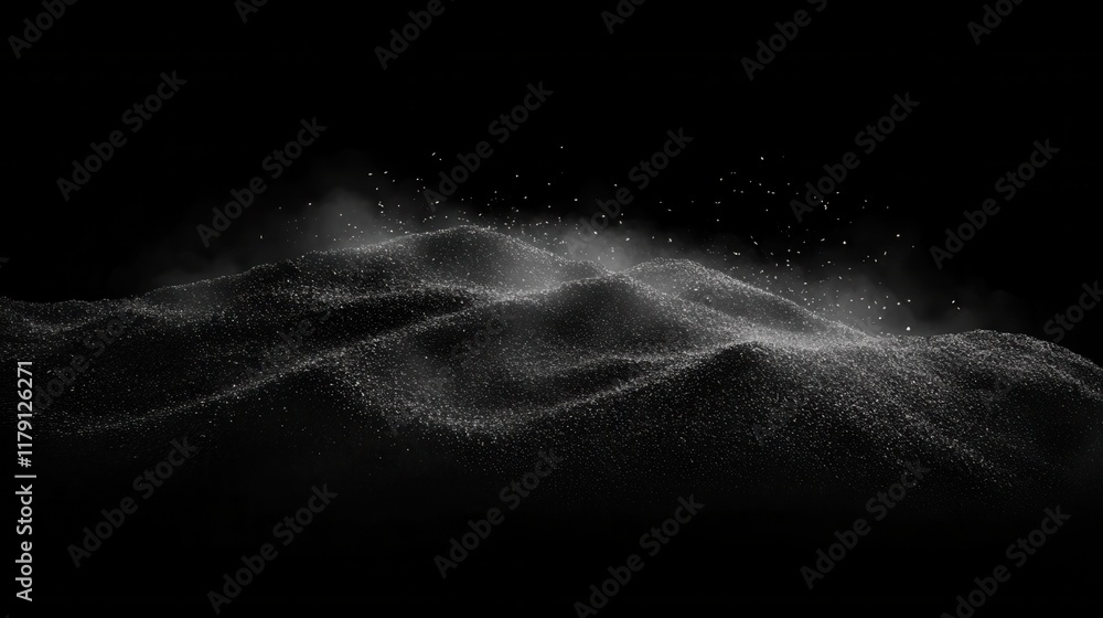 Poster black matte textured background with floating dust particles illuminated by soft light in the top ri