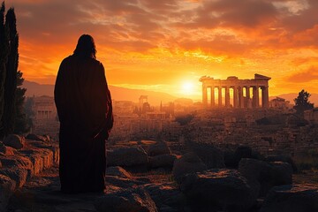 Fototapeta premium Jesus overlooking the illuminated Parthenon at twilight with dramatic clouds and warm light in the background