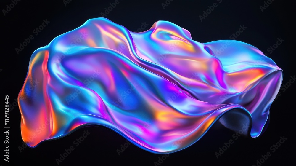 Poster abstract fluid iridescent holographic curved wave in motion colorful gradient design on black backgr