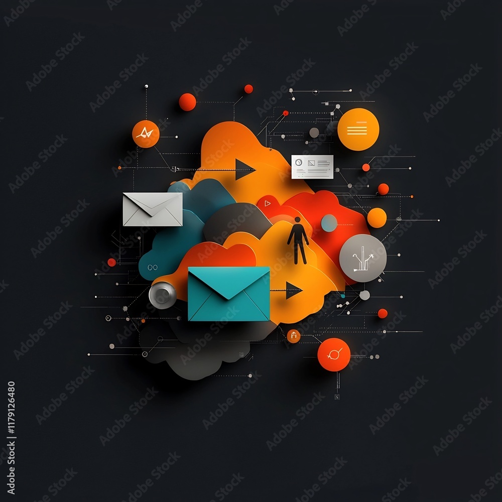 Poster Experimental digital landscape featuring an interconnected abstract composition with a freehand user figure overlapping geometric arrow and envelope motifs