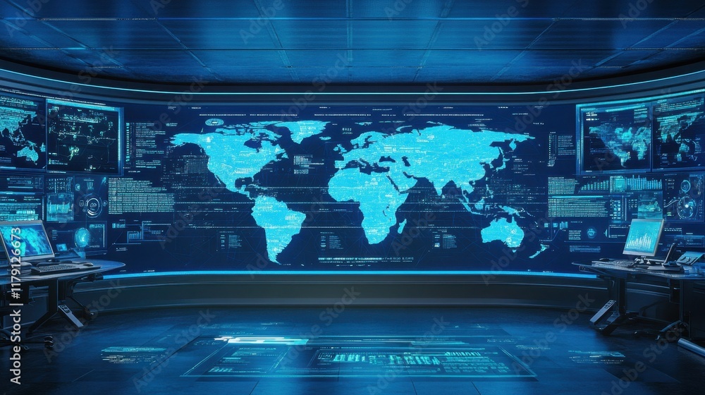 Poster high-tech control room with global map and data visualization