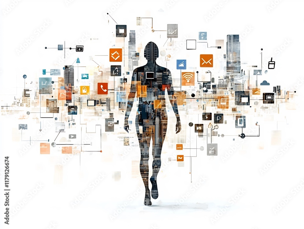 Poster digital connectivity and social media concept with abstract symbols figures and hazy background illu