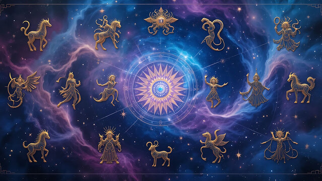 Zodiac signs in a cosmic tapestry
